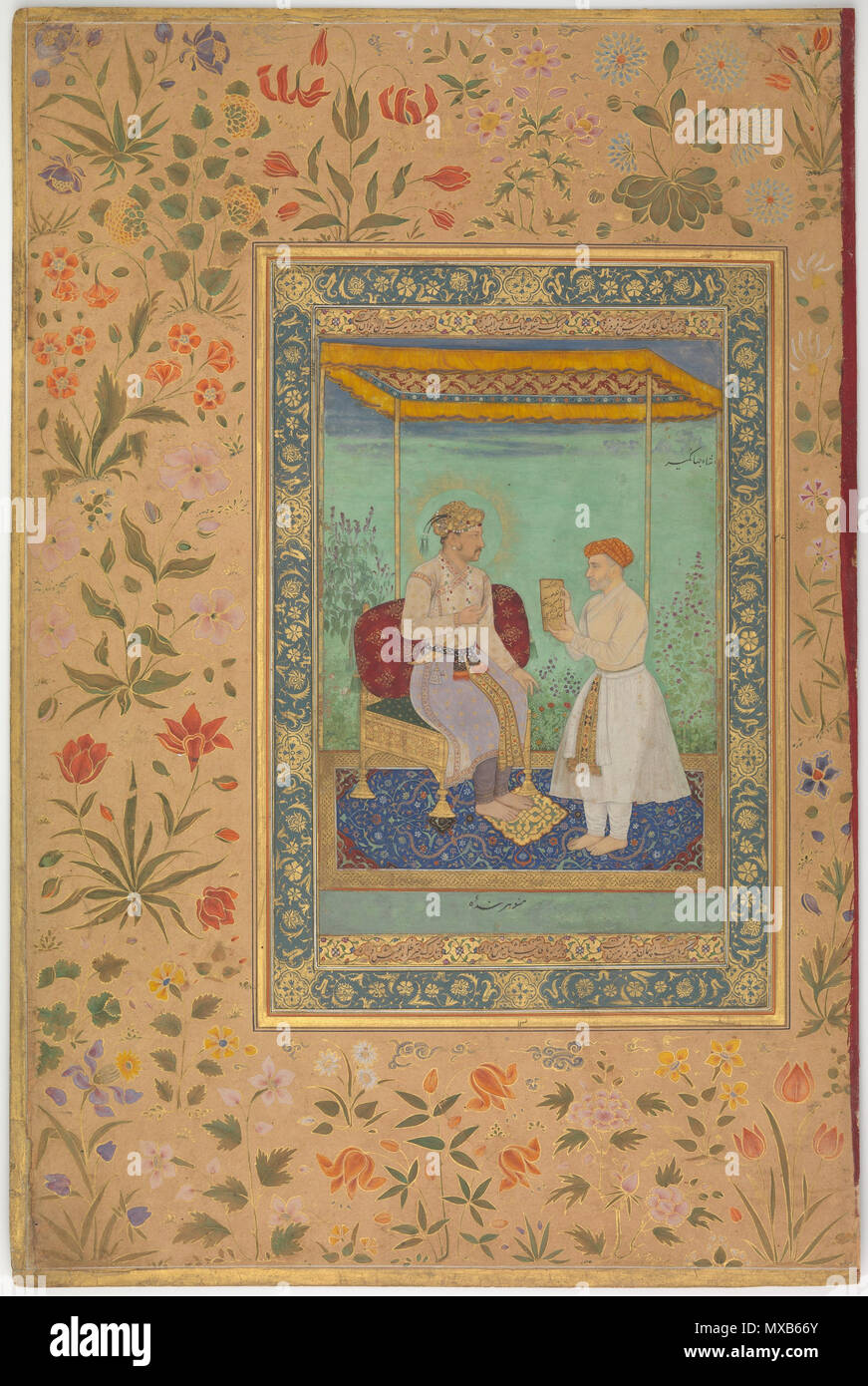 . 'Jahangir and His Vizier, I'timad al-Daula', Folio from the Shah Jahan Album Manohar (active ca. 1582–1624) Calligrapher: Mir 'Ali Haravi (d. ca. 1550) Object Name: Album leaf Reign: Jahangir (1605–27), recto Date: recto: ca. 1615; verso: ca. 1530–45 Geography: India Medium: Ink, opaque watercolor, and gold on paper Dimensions: 15 3/8 x 10 3/16in. (39 x 25.9cm) Mat: 19 1/4 x 14 1/4 in. (48.9 x 36.2 cm) Frame: 20 1/4 x 15 1/4 in. (51.4 x 38.7 cm) Classification: Codices Credit Line: Purchase, Rogers Fund and The Kevorkian Foundation Gift, 1955 Accession Number: 55.121.10.23 This art Stock Photo