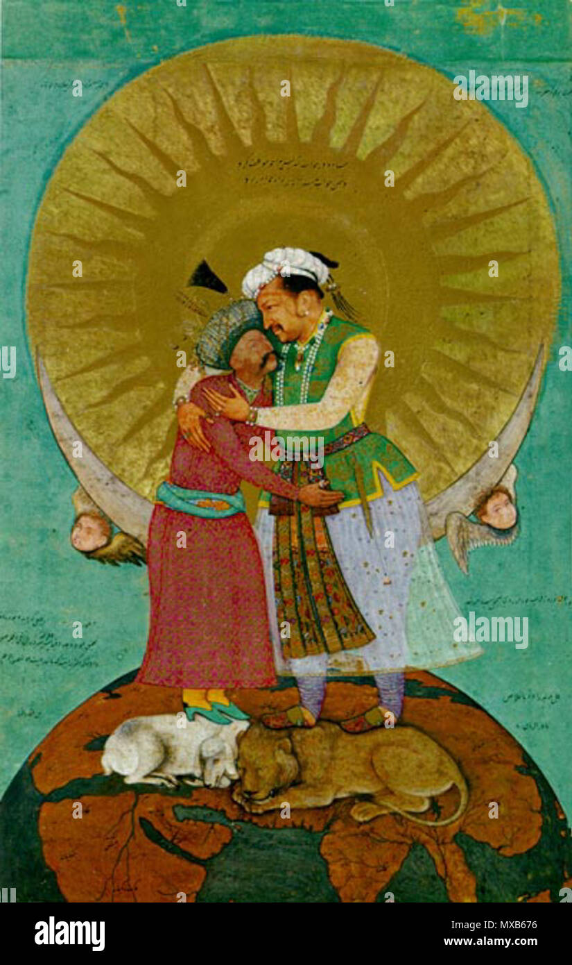 . Azərbaycanca: I Şah Abbas və Cahangir şah Babur (1620) (Əbül Həsən - 'Cahangirnamə') English: Jahangir, on the right, hugs Shah Abbas, the Safavid ruler of the Persian empire. They stand on top of the world, on the backs of a lion and a lamb. A lion and a lamb together represents peace and harmony. This image suggests that the two rulers are at peace with one another. It also suggests, due to the submissive posture of Shah Abbas, that Jahangir, the Mughal Indian emperor, is in charge here. He is the one that stands on top of the world. Shah 'Abbas is secondary.[1] Norsk nynorsk: Mogulkeisare Stock Photo