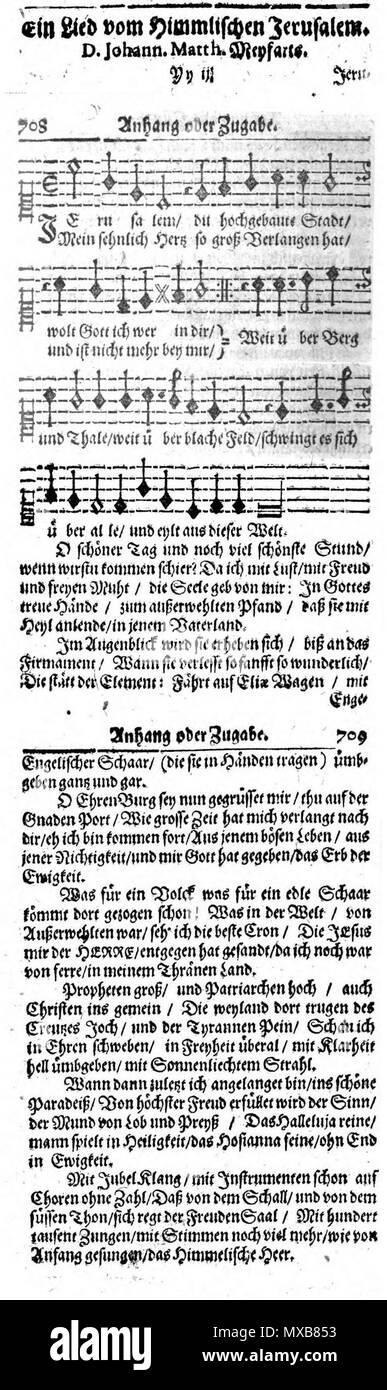 . English: German church hymn 'Jerusalem, du hochgebaute Stadt', first print with melody, Erfurt 1663 . 4 March 2014, 18:38:44. Johann Matthäus Meyfart, Melchior Franck 315 Jerusalem, du hochgebaute Stadt (1663) Stock Photo