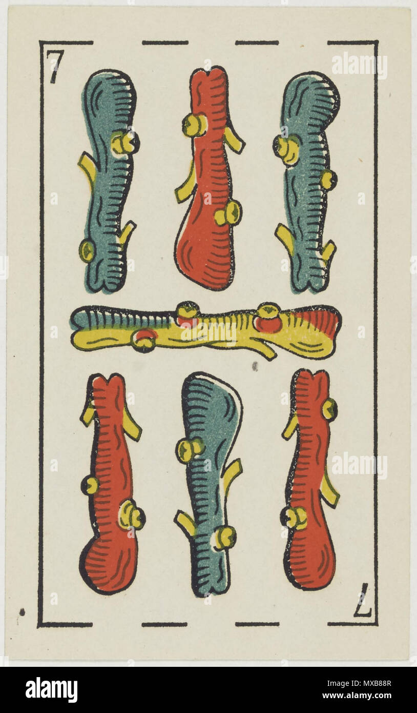 . English: Aluette deck, B. P. Grimaud editor, France, 1860: seven of clubs . 1860. B. P. Grimaud 316 Jeu d'Aluette - Grimaud - 1860 - Seven of Clubs Stock Photo