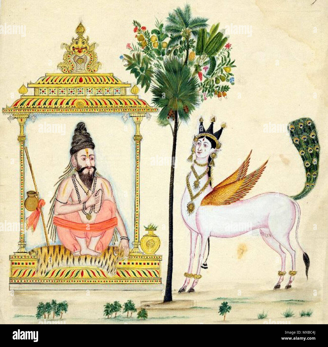 . English: 'Painting of a rishi, the Parijata Tree and Kamadhenu. The sage sits in an architectural frame, seated on a tiger-skin and with yogabandha. In his right hand he holds a rosary. To his right are his water-pot and staff while to his left is a lotah with bilva leaves. In the centre of the page is the Parijata Tree, with many different types of leaves and flowers. To the left, is the wish-fulfiling mythic beast, Kamadhenu or Surabhi. It has a human crowned head, the body of a cow (with anklets), as well as wings and a peacock's tail. An element of perspective is provided by the sketched Stock Photo