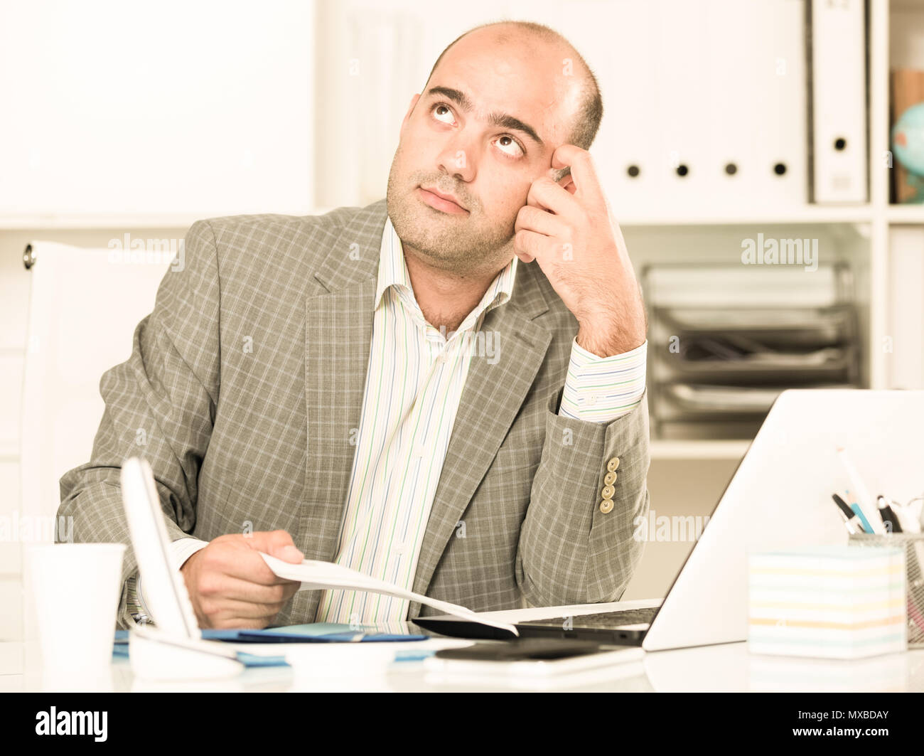 Busy businessman in shirt worrying and thinking at the computer Stock ...