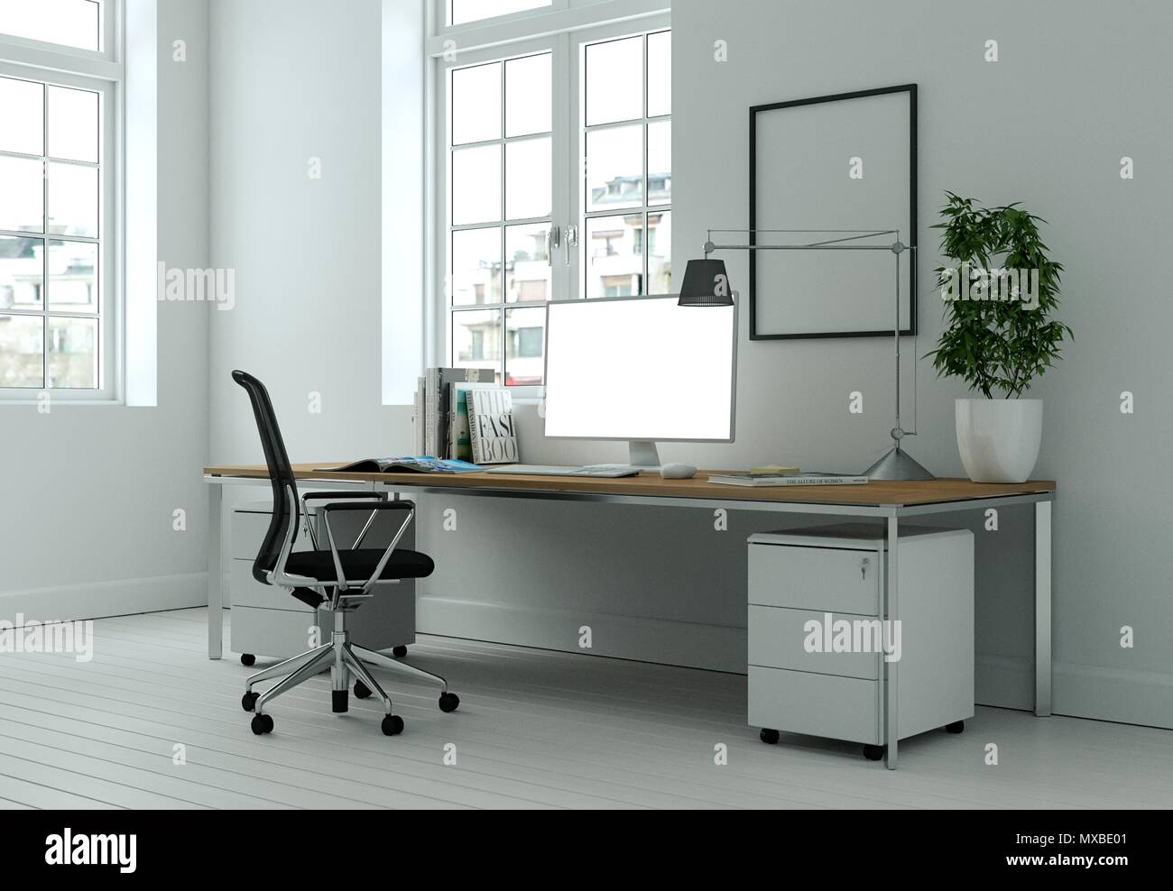 Modern white home office interior design 3d Rendering Stock Photo Alamy