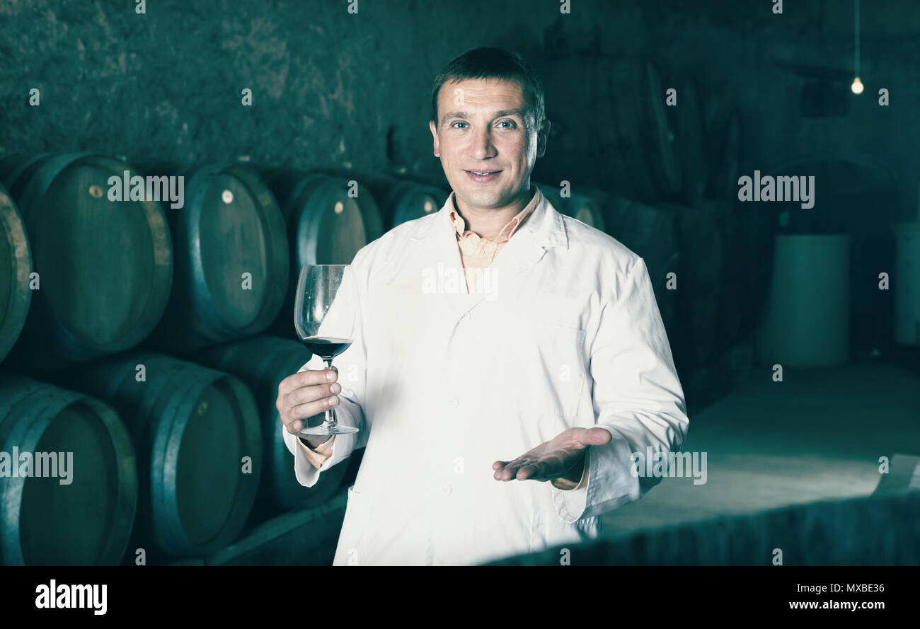Adult taster posing with glass of wine in winery cellar Stock Photo - Alamy