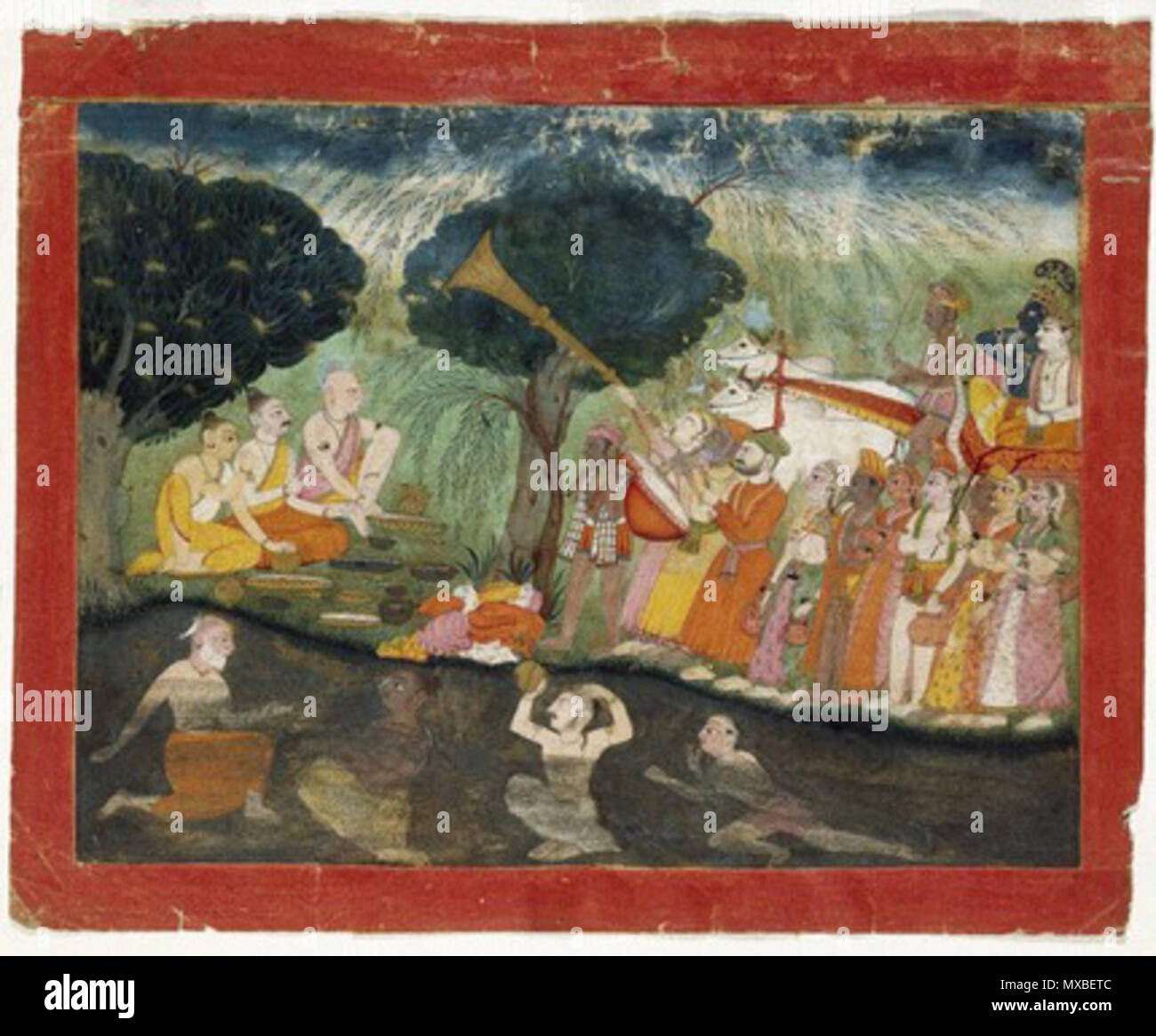. Krishna and Balarama on Their way to Mathura Page from an illustrated manuscript of the Bhagavata Purana . This is an illustration from the Bhagavata Purana, a lengthy Hindu scripture dedicated to the god Krishna, who is said to have lived on earth as a prince. It depicts an episode from Krishna’s youth, much of which was spent in hiding in the cowherding community of Vrindavan. Eventually he had to leave this idyllic rural setting and return to his family’s kingdom at Mathura, where his evil uncle was ruling unjustly. Krishna (with blue skin) is shown here at the far right with his brother, Stock Photo