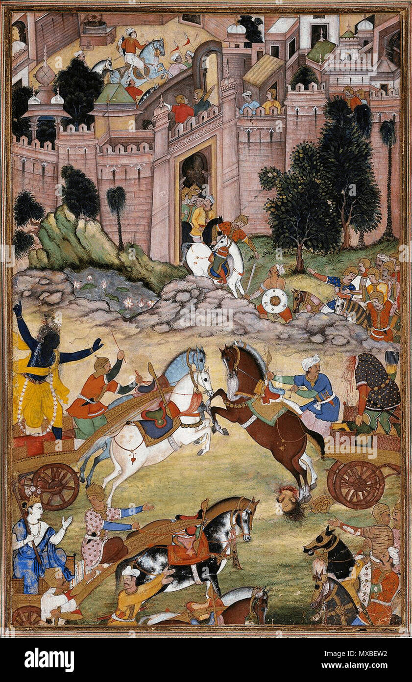 . English: Krishna kills Shrigala from Razmnama Mughal painting, c. 1585 from the Court of Akbar . circa 1585. Mughal painting, c. 1585 from the Court of Akbar 349 Krishna kills Shrigala Stock Photo