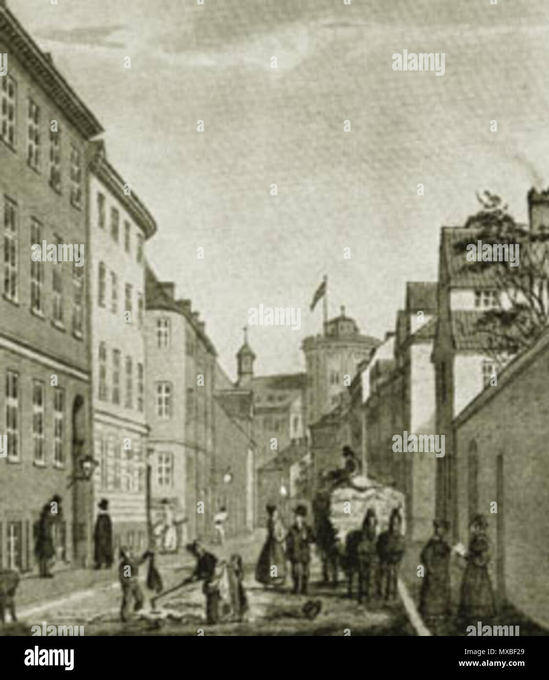 . English: The street Krystalgade in Copenahgen, Denmark . 19th century ?. Unknown 349 Krystalgade historic image Stock Photo