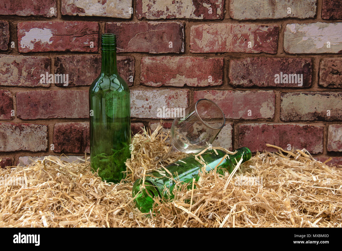 Still Life. Two empty wine bottles and a wine glass Stock Photo