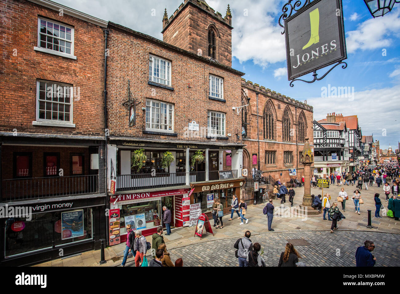 The Chester Cross in Eastgate Street in Chester, Cheshire, UK taken on 13 May 2017 Stock Photo