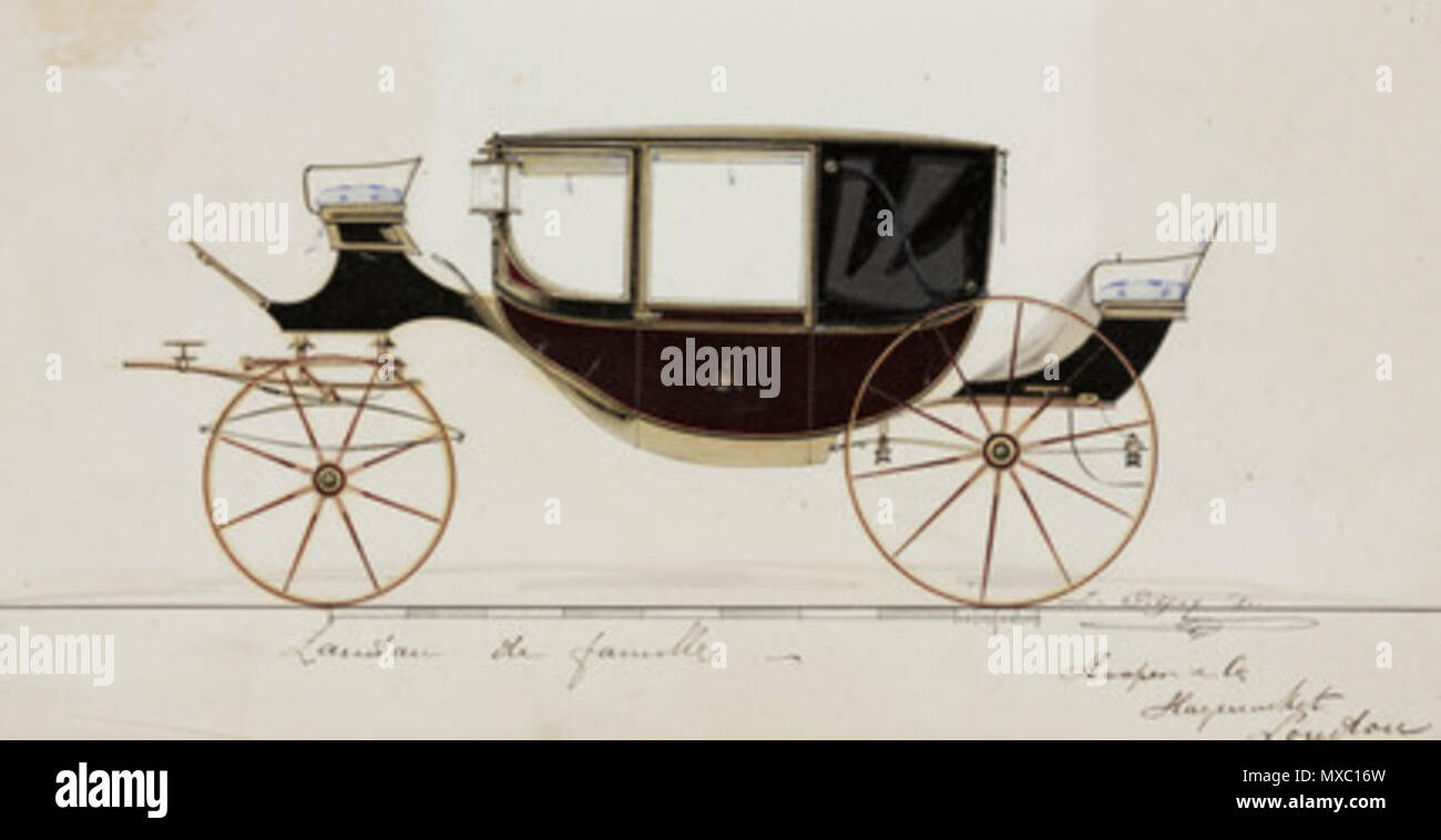 . 'Landau' carriage, 1855 Coloured drawing by J Gilfoy of a carriage designed by George N Hooper. From a collection of carriage designs by Hooper & Co (Coach Builders) Ltd, Haymarket, London. 1855. J Gilfoy 358 Landau carriage, 1855 (2) Stock Photo