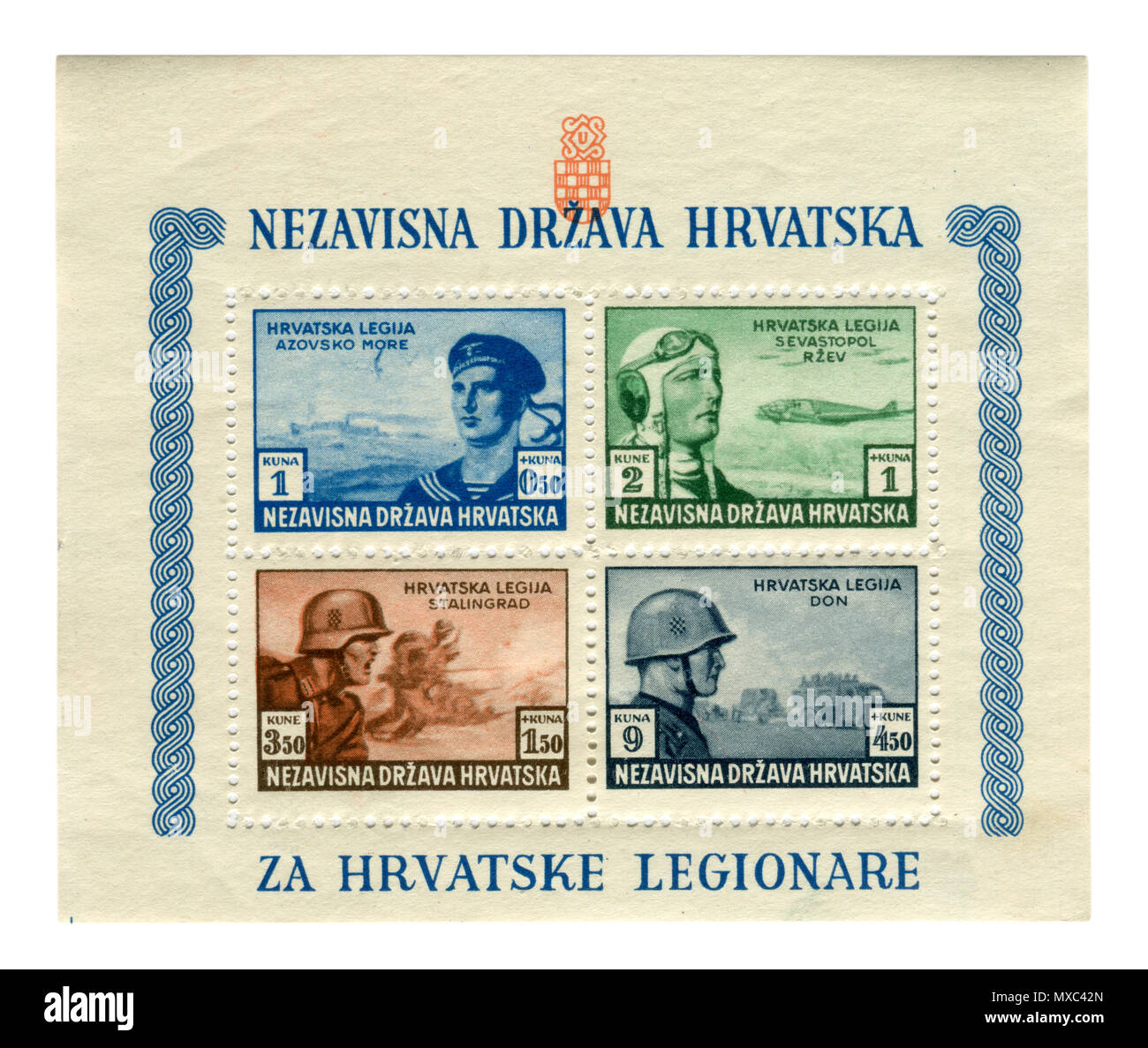 Croatian historical stamps:  release in support of the Croatian legions 1943, Pro-German troops. Aviation, Navy, Infantry, SS divisions. Croatia, ww2 Stock Photo