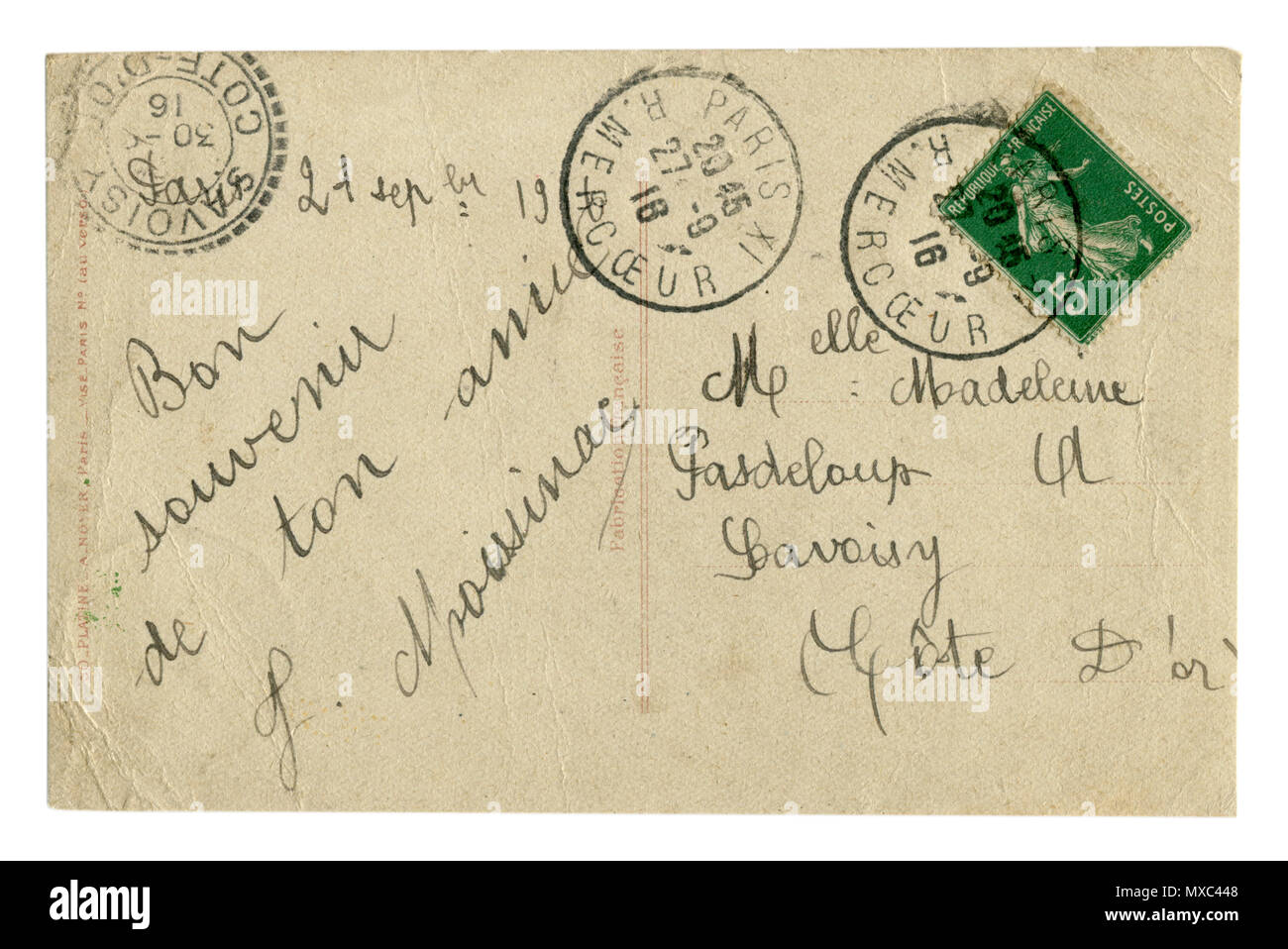 Back of historical French postcard (MXC43H) a letter with a green postage stamp and a Paris - Savoisy postmark cancellation, world war one 1916, WWI Stock Photo