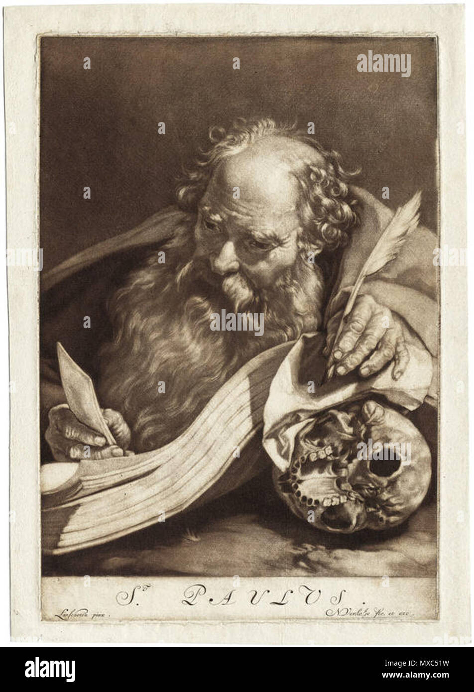 . English: The apostle paul reading by candlelight, with a large open book leaning on a skull, seen from below. Mezzotint . Linschoten pinx; Nicolaas Verkolje fec et exc 373 Linschoten pinx - N Verkolje fec et exc - apostle Paul Stock Photo