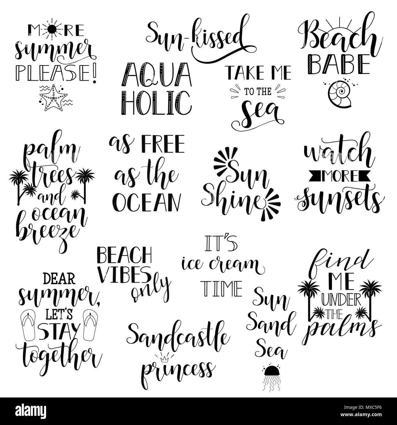 Summer holidays and vacation set of Hand drawn calligraphy. quotes, phrases and words. Stock Vector