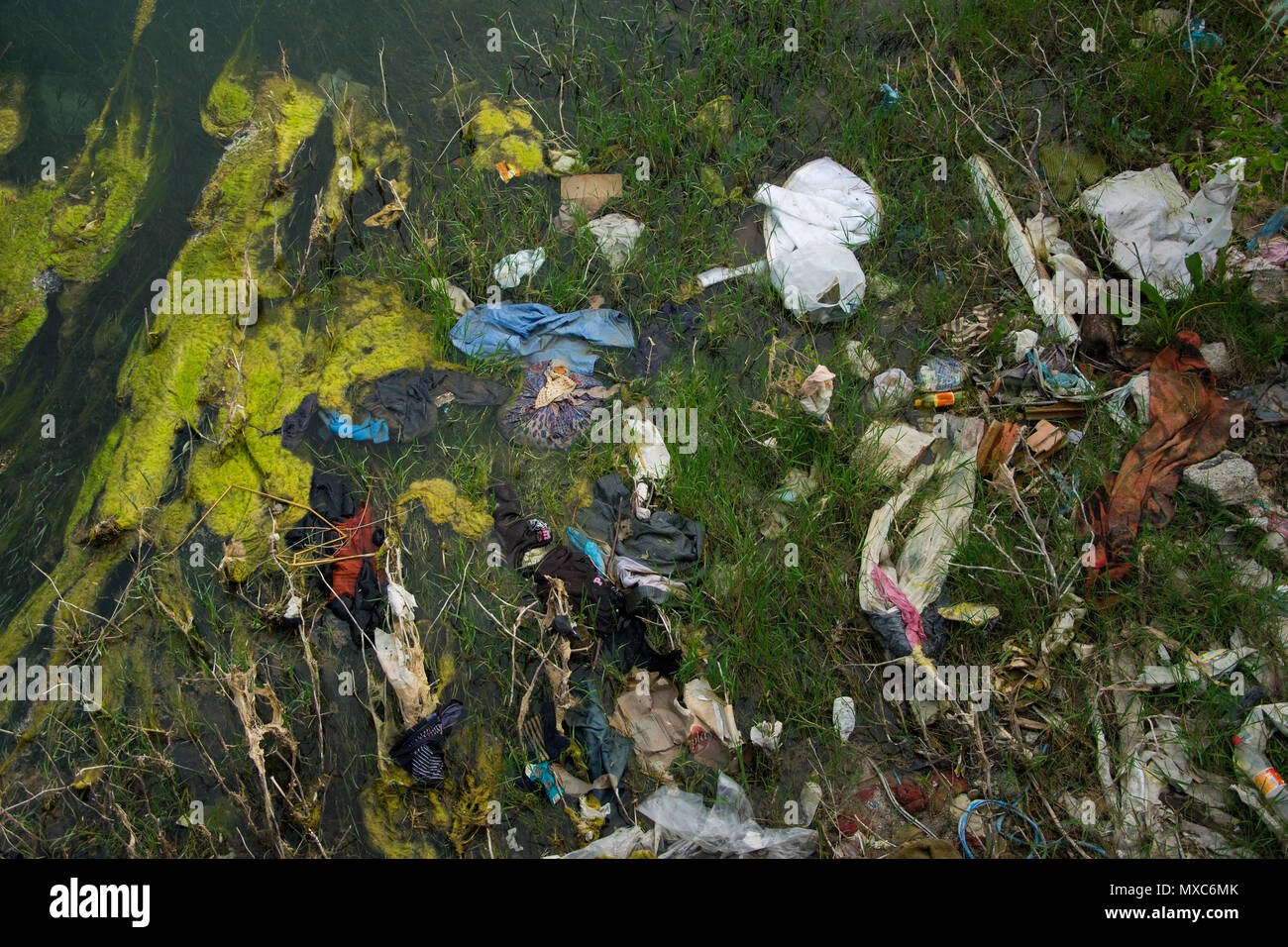 Top view of dirty waters by garbage. Ecological industry concept Stock Photo