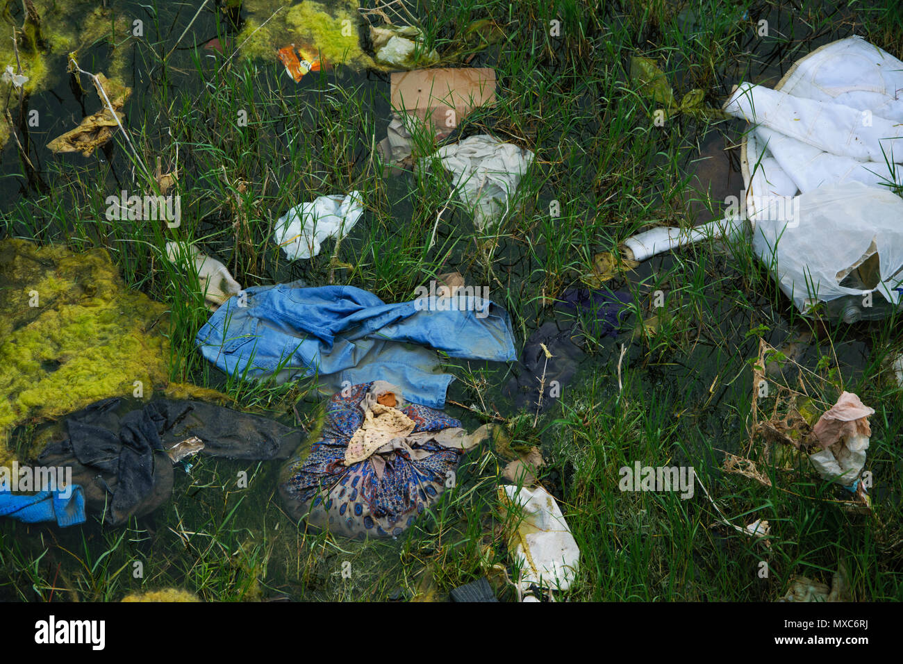 Top view of dirty waters by garbage. Ecological industry concept Stock Photo