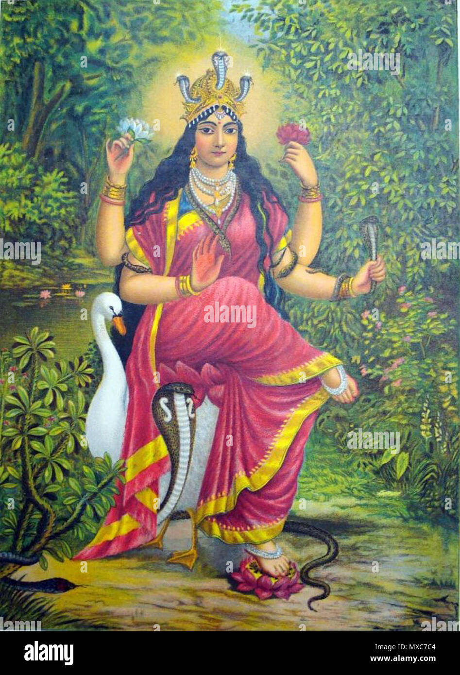 . English: 'Album of popular prints mounted on cloth pages. Colour lithograph, lettered, inscribed and numbered 33. The goddess Manasā in a dense jungle landscape with snakes, seated on a swan and with her left foot resting on a lotus flower.' . 1895. Unknown 390 Manasa Devi Stock Photo