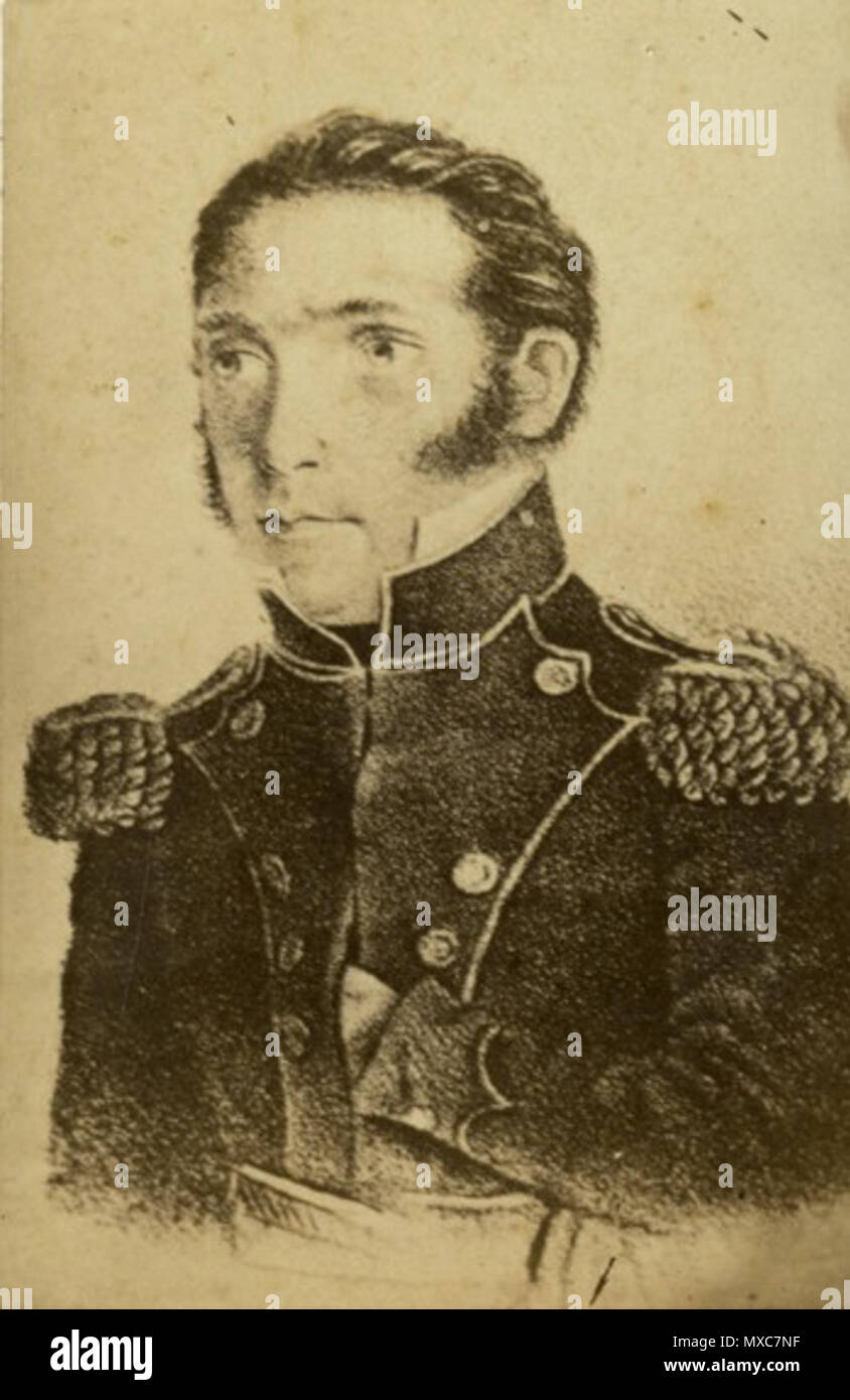 . Español: Reproducción fotográfica de un retrato pictórico de medio cuerpo que muestra al militar, periodista, político y gobernador de la provincia de Buenos Aires con uniforme militar y una mano en la chaqueta al estilo de Napoleón Bonaparte. 1865. Unknown 391 Manuel Dorrego Stock Photo