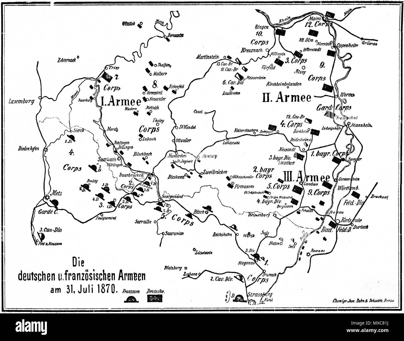 . English: Map of German and French Armies on July, 31st 1870 at the beginning of Franco-Prussian War. Deutsch: Karte der deutschen und französischen Armeen am 31. Juli 1870 zu Beginn des Deutsch-Französischen Krieges. 1892. J. Scheibert 392 Map german and french armys on july 31 1870 Stock Photo