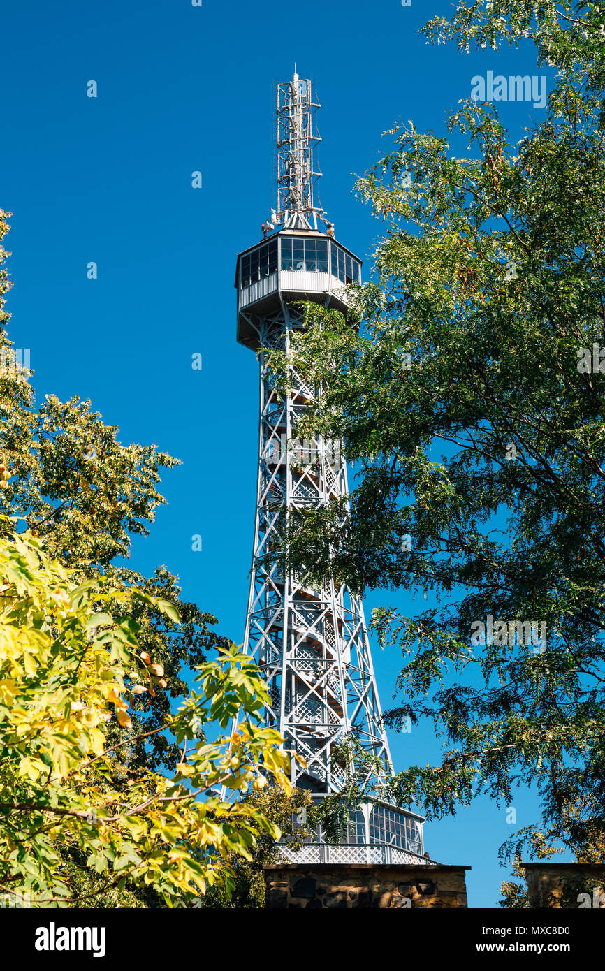Petrin tower at Petrin hill in Prague, Czech Republic Stock Photo