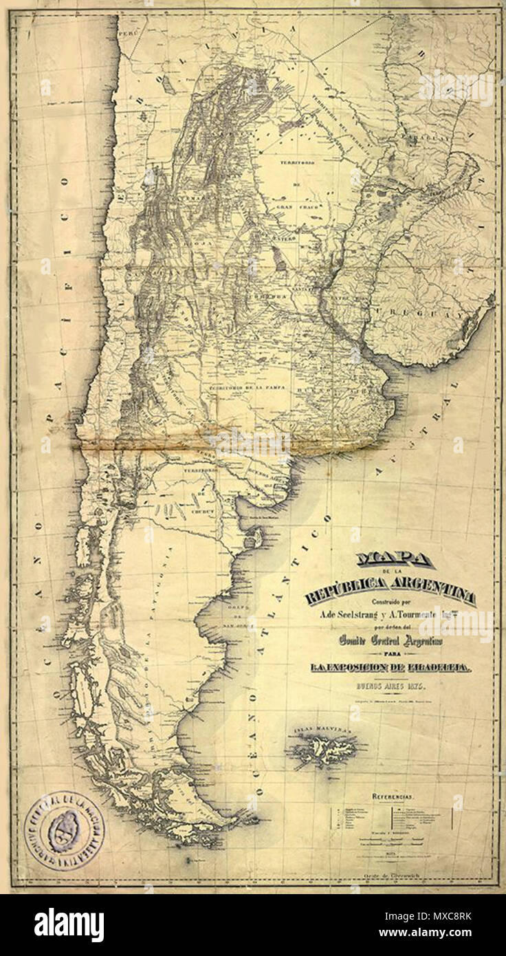 . English: Litography of a map of Argentina, featured at the Centennial Exposition at Philadelphia held in 1876. 1875. Alberto Larsch 395 Mapa arg expo phila 1875 Stock Photo