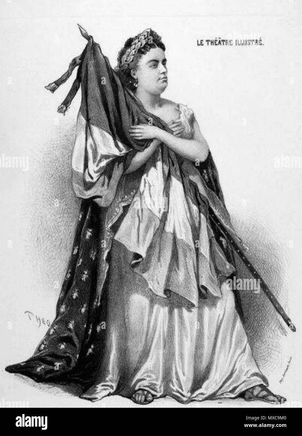. English: Belgian soprano Marie Sasse (1834-1907) singing La Marseillaise at the Théâtre impérial de l'Opéra in Paris. Illustration by Théo (18? - 18?) from Le Théâtre illustré (1869). 1869. Théo 399 Marie Sasse chantant la Marseillaise 1869 Stock Photo