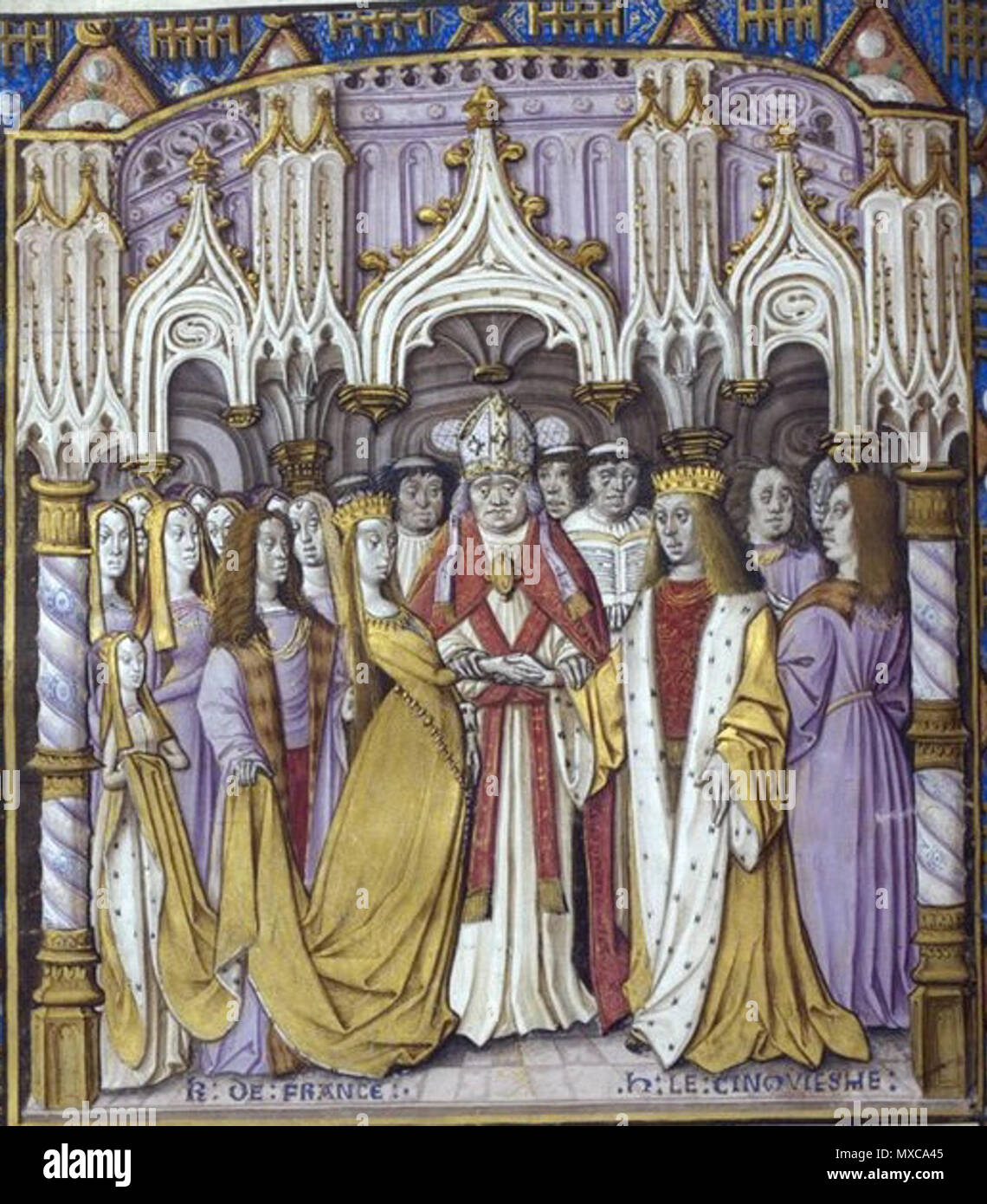 . Marriage of Henry V of England to Catherine of Valois British Library, Miniature of the marriage of Henry V and Catharine de Valois: Jean Chartier, Chronique de Charles VII, France (Calais), 1490, and England, before 1494, Royal 20 E. vi, f. 9v, . before 1494. Unknown 400 Marriage of henry and Catherine Stock Photo