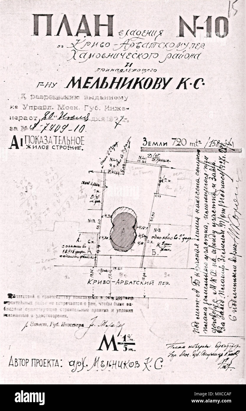 Русский: План участка дома Мельникова в Кривоарбатском переулке . 20 July  1927. Konstantin Melnikov 411 Melnikov house plan 1 Stock Photo - Alamy