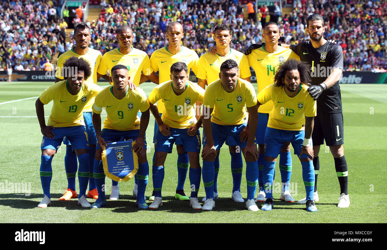 Brazil team group (top row, from left to right) Paulinho, Fernandinho, Joao Miranda, Thiago Silva, Danilo and goalkeeper Alisson (bottom row, from left to right) Willian, Gabriel Jesus, Philippe Coutinho, Casemiro and Marcelo during the International Friendly match at Anfield, Liverpool. PRESS ASSOCIATION Photo. Picture date: Sunday June 3, 2018. See PA story SOCCER Brazil. Photo credit should read: Nick Potts/PA Wire. . Stock Photo