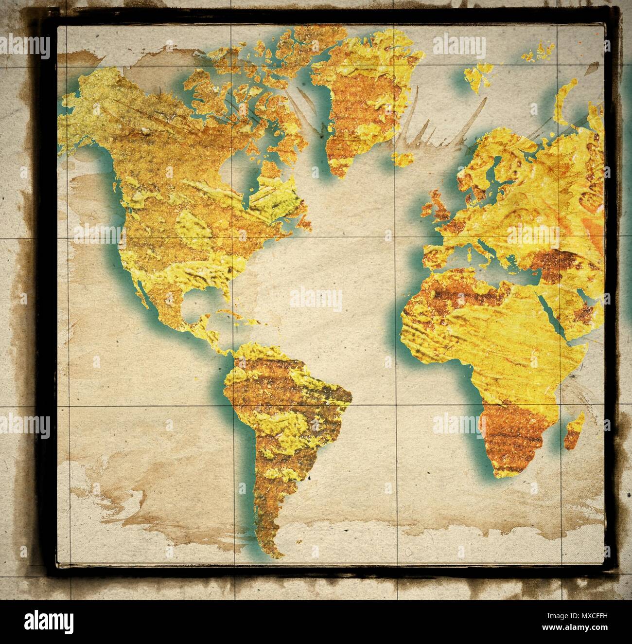 World map in oil colors with worn frame. Elements of this image ...
