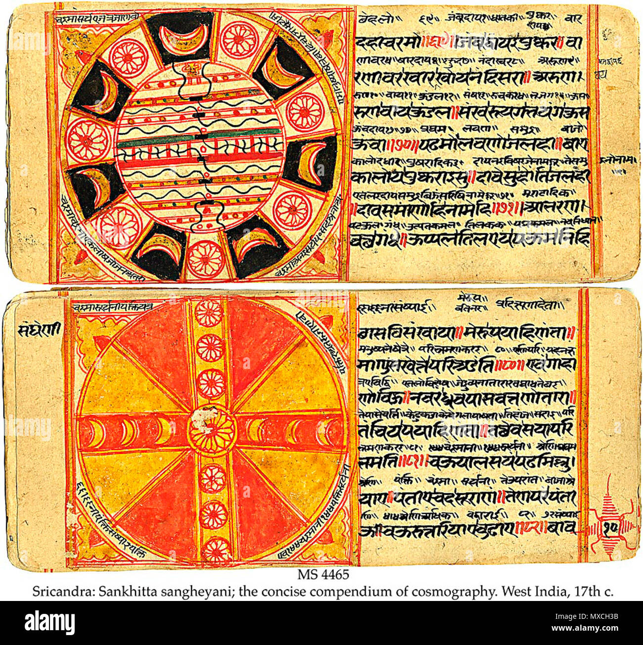 . English: [1] MS in Jain Maharastri Prakrit and Sanskrit on paper, Gujerat or Rajastan, West India, 17th c., 35 ff., 11x25 cm, single column, (8x22 cm), 7 lines in Jain Devanagari book script, punctuation and verses in red, red and yellow margin lines, 33 high quality miniatures, maps and diagrams in colours. The text is a much studied short summary of the fundamentals of Jaina cosmography and geography, commonly known as the Sangrahaninirayana, Laghusangrahani, Sangrahaniratna or Trailokyadipika, the Illuminating Gloss on the Tripartite World. The diagrams explain why the duplicate sun and m Stock Photo