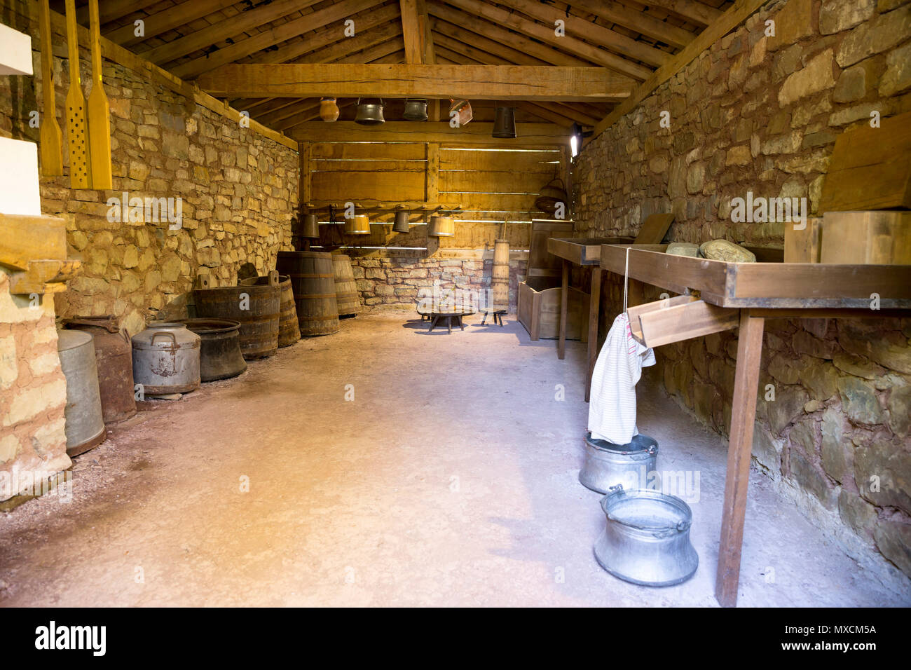 Old traditional dairy room typical for Bulgarian culture in the past. Stock Photo