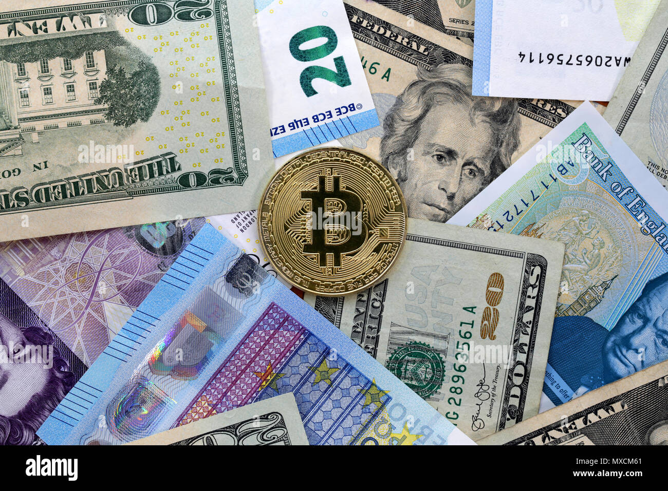 Bitcoin Golden Coin On United States Us Twenty Dollar Bill 20 United Kingdom Pound Sterling Banknotes And Eu Euro Banknotes Stock Photo Alamy