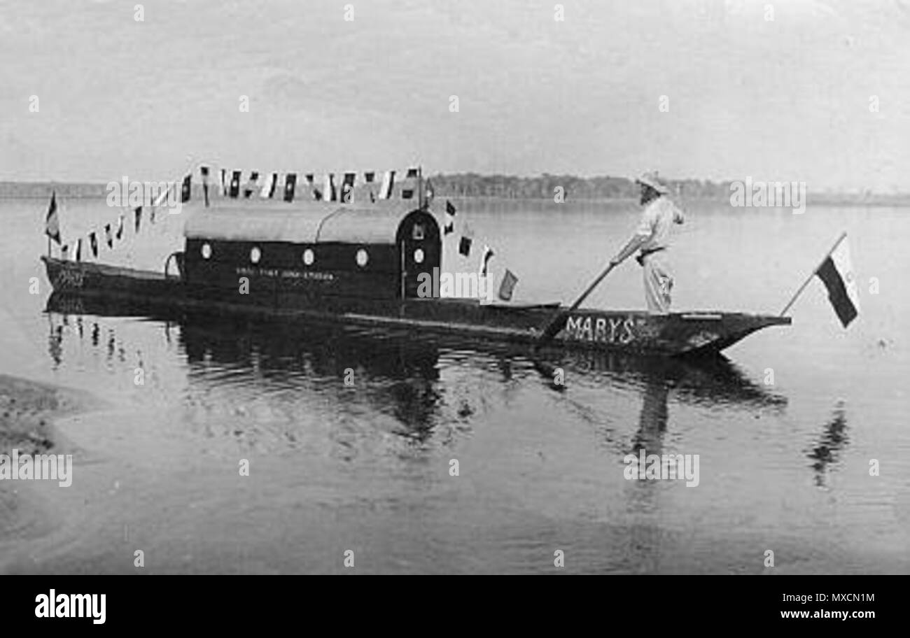 . On 'Maryś' (in Polish means: Mary) boat on an African river. The photo probably taken by Kazimierz Nowak (1897-1937, the author is on the photo; taken probably by a self-timer) during his trip through Africa - a Polish traveller, correspondent and photographer. Probably the first man in the world who crossed Africa alone from the North to the South and from the South to the North (from 1931 to 1936; on foot, by bicycle and canoe). circa about 1931-36. probably Kazimierz Nowak or an unknown author 405 Marys boat 2 Stock Photo