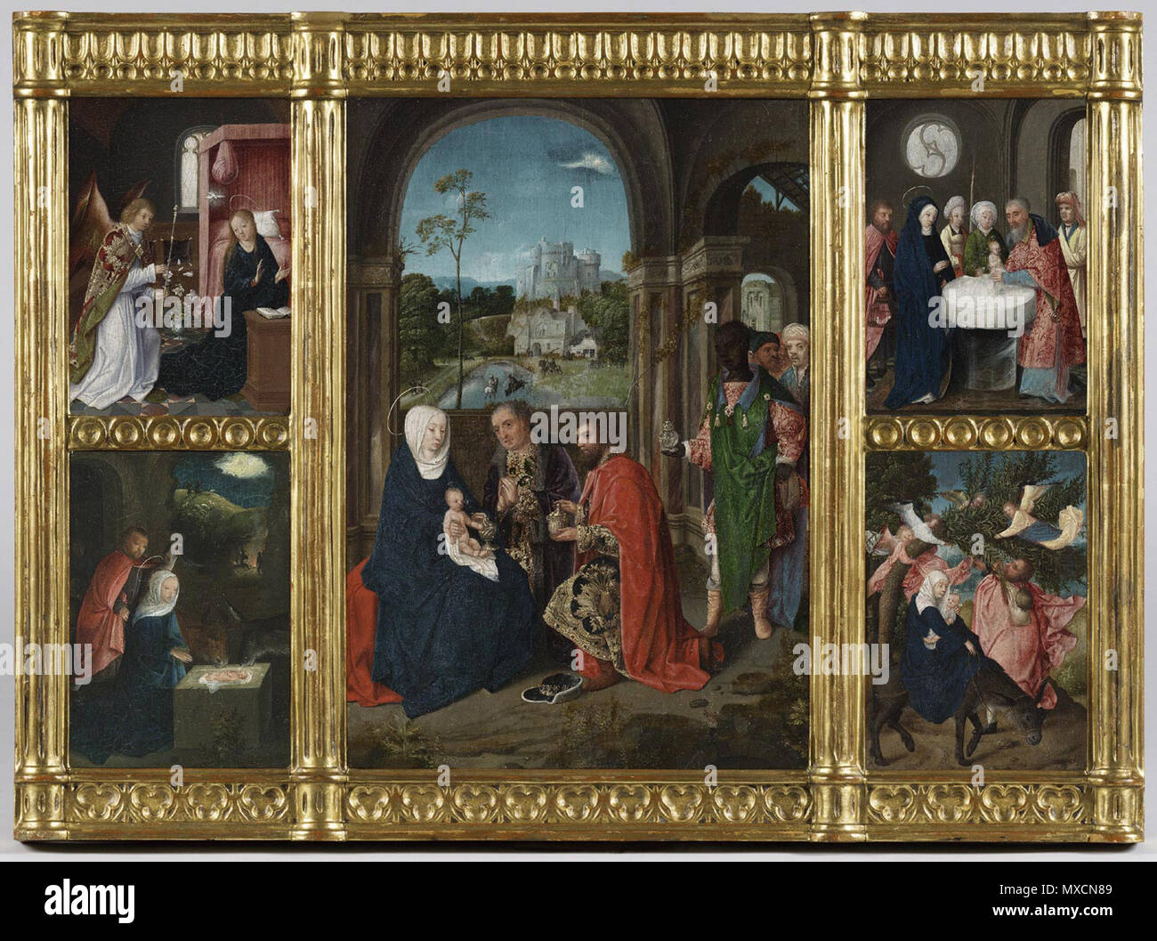 . Italiano: Altarpiece showing scenes from the Infancy of Christ: The Adoration of the Magi [center]; The Annunciation; The Presentation of Christ in the Temple; The Flight into Egypt; The Nativity [clockwise from upper left] Overall: 12 1/2 x 19 5/8 inches (31.8 x 49.8 cm) Central panel: 12 1/2 x 7 3/8 inches (31.8 x 18.7 cm) Outer panel, top left: 6 1/8 x 4 3/4 inches (15.6 x 12.1 cm) Outer panel, bottom left: 6 1/8 x 4 5/16 inches (15.6 x 11 cm) Outer panel, top right: 6 1/8 x 4 1/4 inches (15.6 x 10.8 cm) Outer panel, bottom right: 6 1/8 x 4 5/16 inches (15.6 x 12.5 cm) Oil on panel . 26 J Stock Photo
