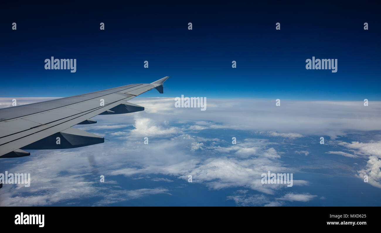Plane wing on blue sky background. View out of an airplane window. Stock Photo
