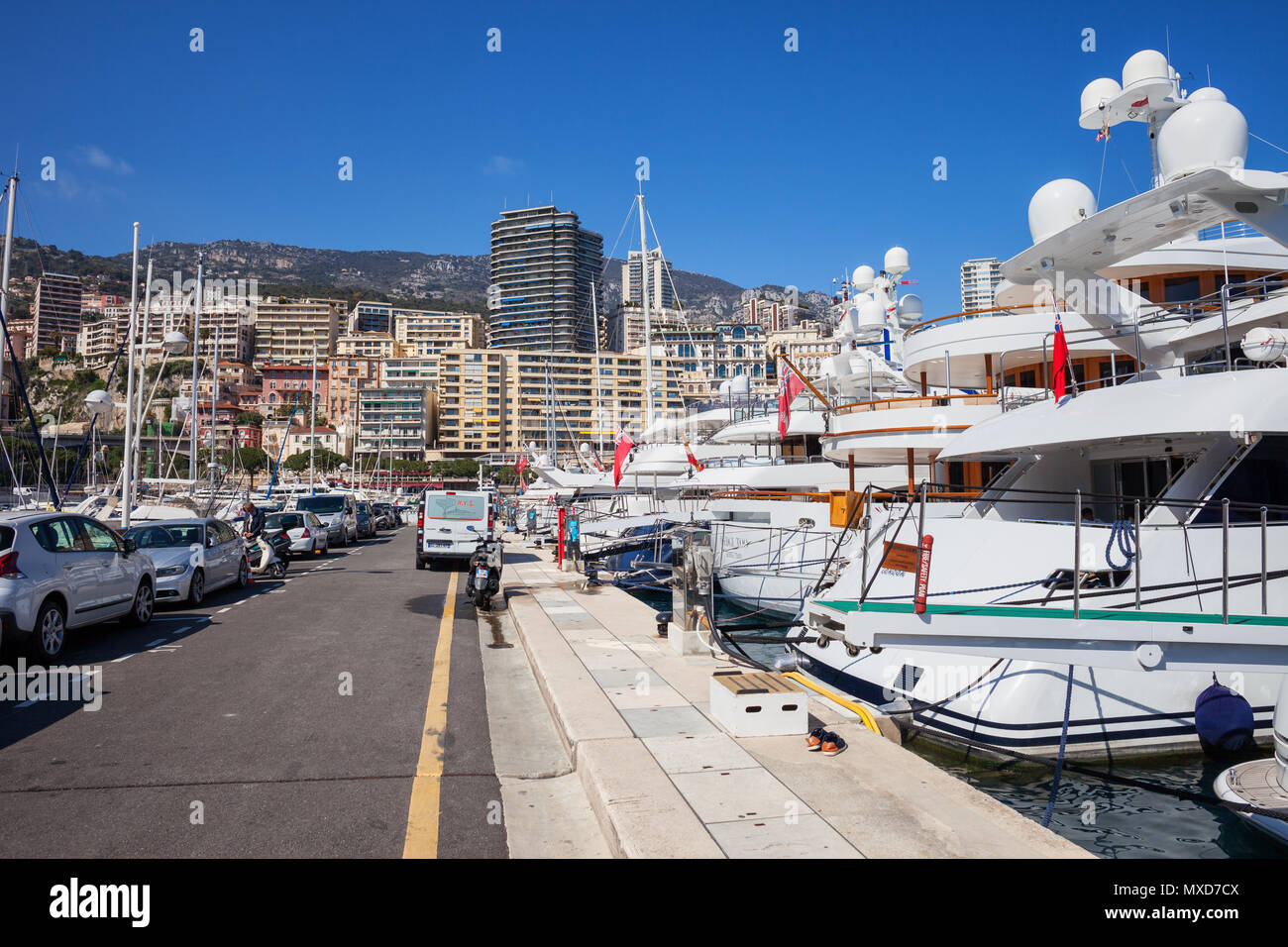 Monaco principality, luxury yachts in Port Hercule on Mediterranean Sea Stock Photo