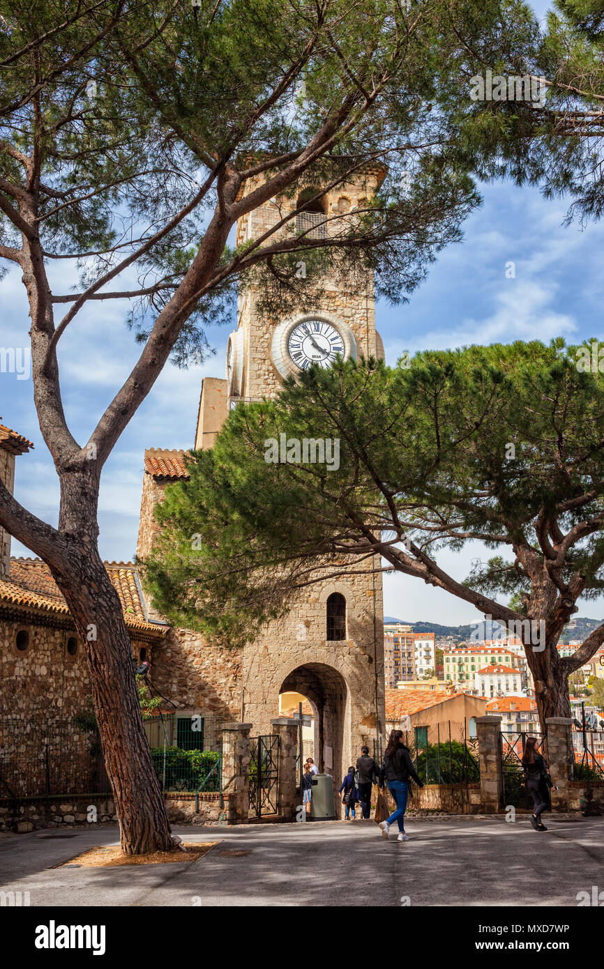 France, Alpes-Maritimes, Cannes city, Church of Our Lady of Esperance clock tower and belfry in Le Suquet - Old Town Stock Photo
