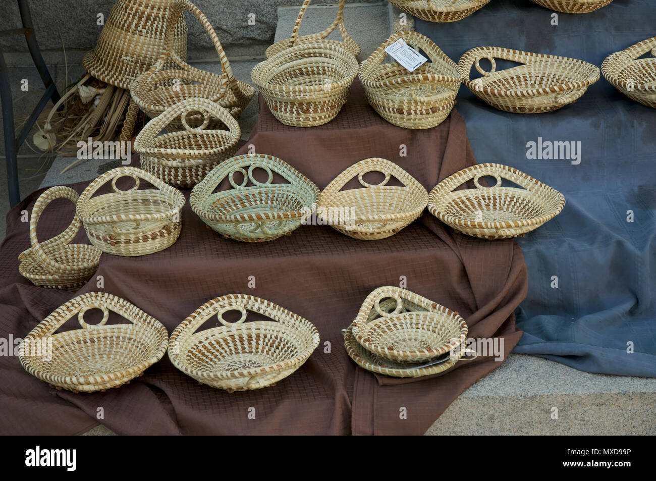 Sweetgrass baskets for sale on a street in Charleston, South Carolina