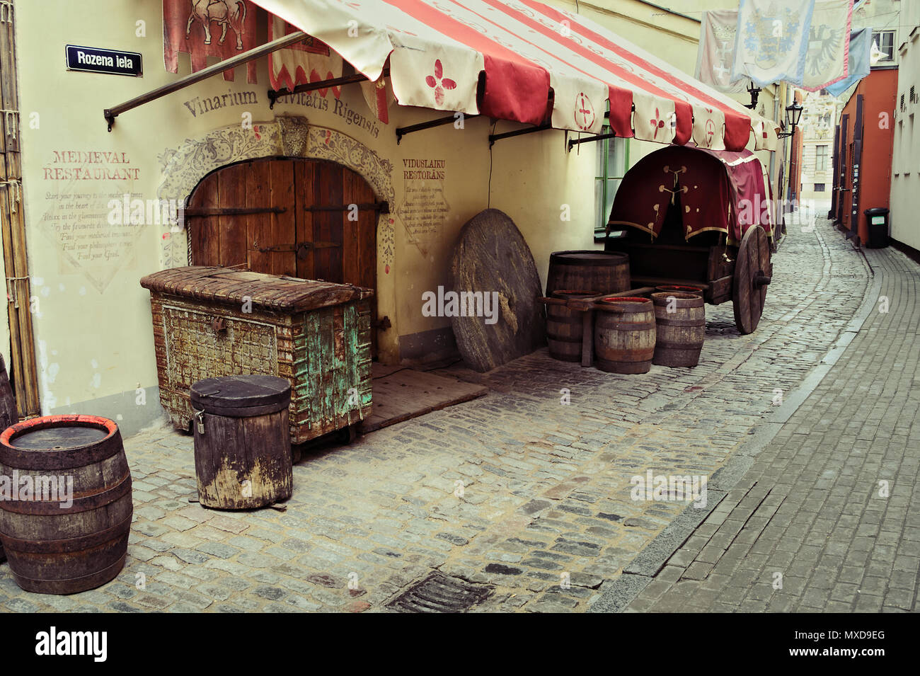Riga, Latvia. Medieval restaurant Rozengrals, Vinarium Civitatis Rigensis, on Rozena iela street in the old town of Riga. Retro vintage style. Stock Photo