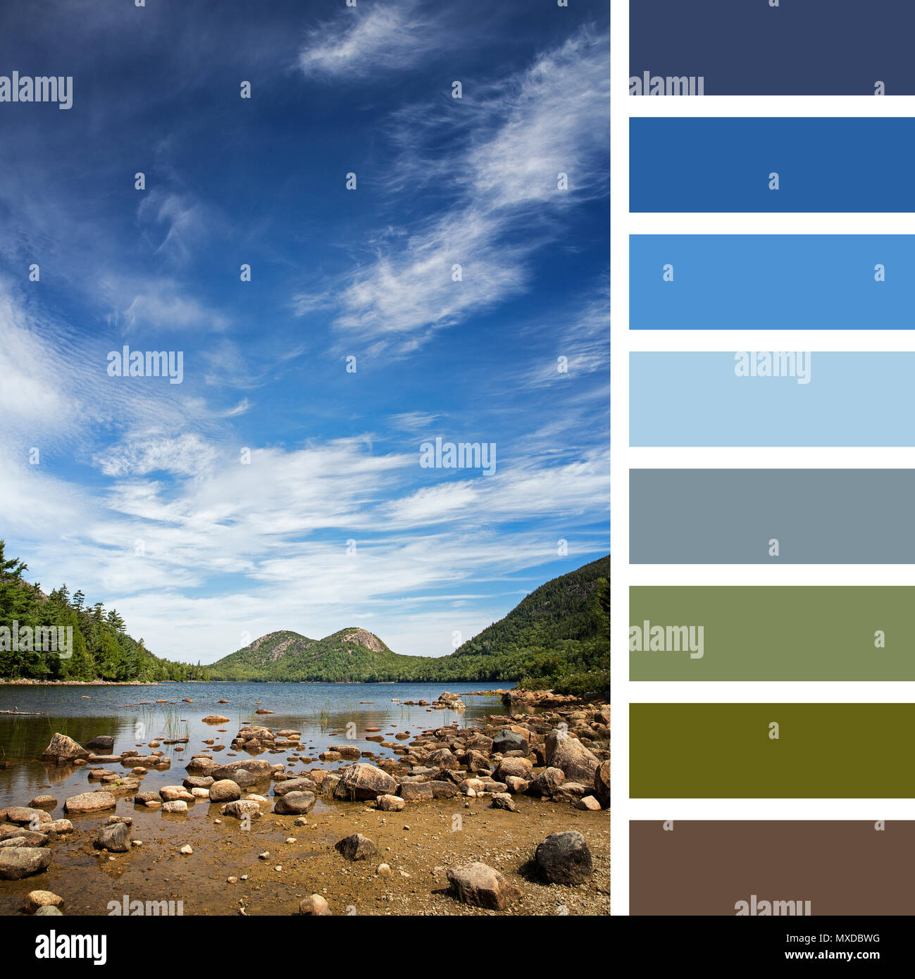 Jordan Pond, Acadia National Park, Mount Desert Island, maine, USA. In a colour palette with complimentary colour swatches. Stock Photo