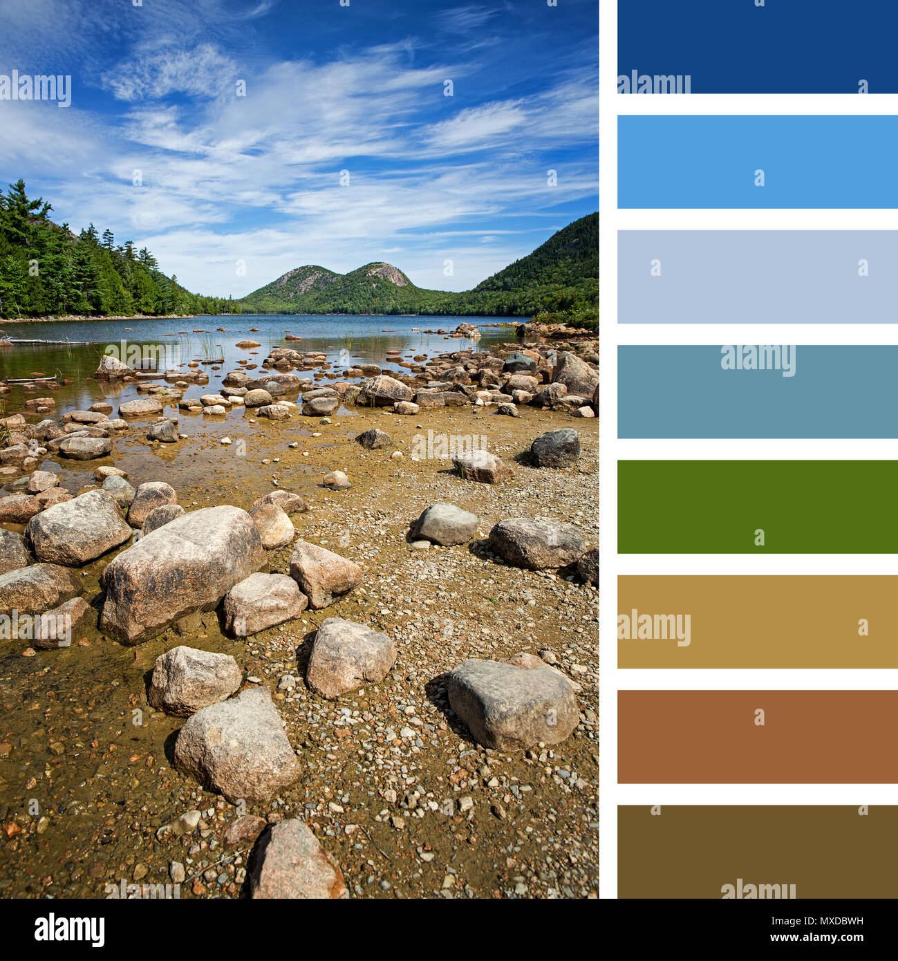 Jordan Pond, Acadia National Park, Mount Desert Island, maine, USA. In a colour palette with complimentary colour swatches. Stock Photo