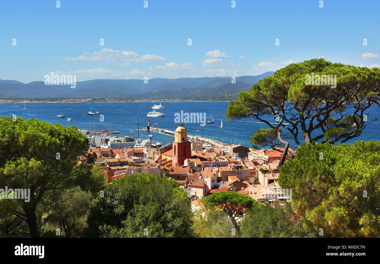 Aerial view of the rooftops and harbor of Saint Tropez in Southern ...