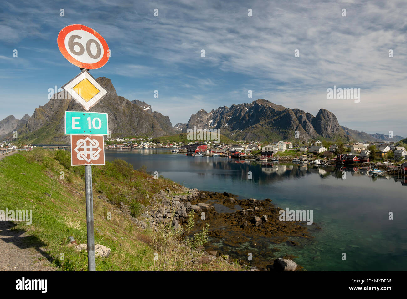 The E10 highway through Reine, Lofoten Islands, Norway. Stock Photo