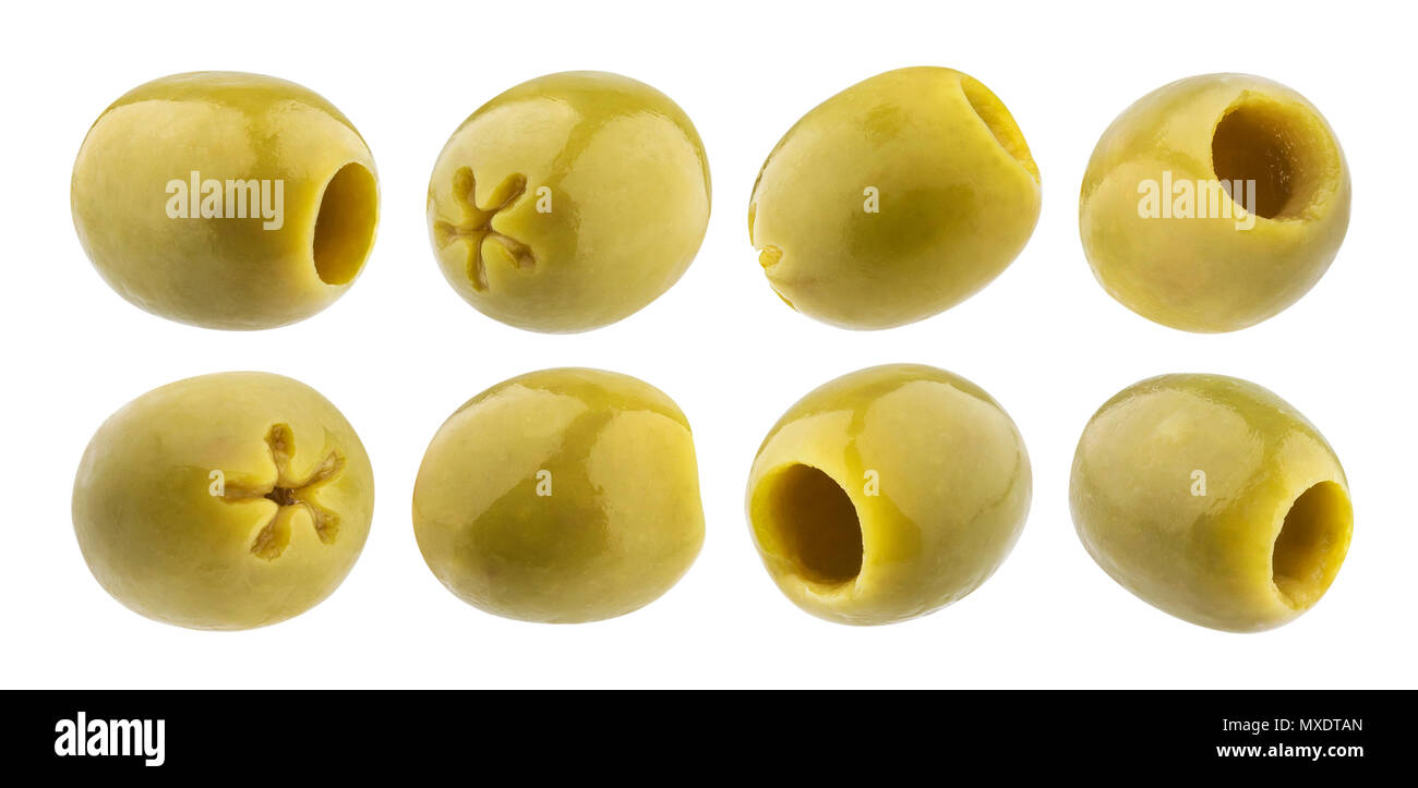 Pitted olives collection. Green olive isolated on white background with