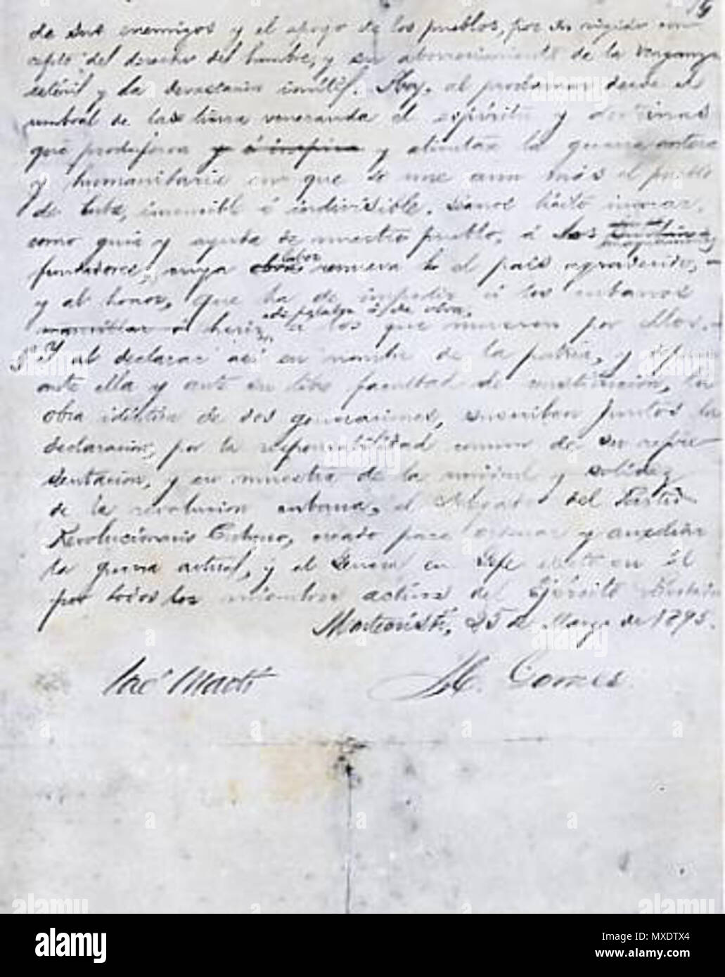 . English Documento firmado por José Martí y Máximo Gómez. Español