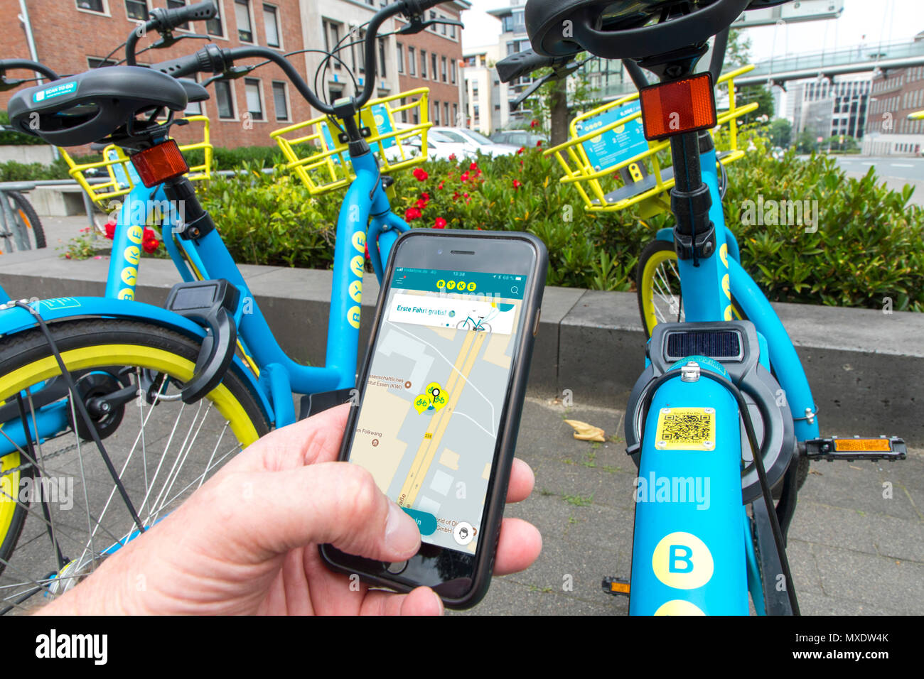 Rent bike, share bike, rental bikes by the provider Byke, here in Essen, Germany, rent the bike via app, the ride is billed in time interval, you can  Stock Photo