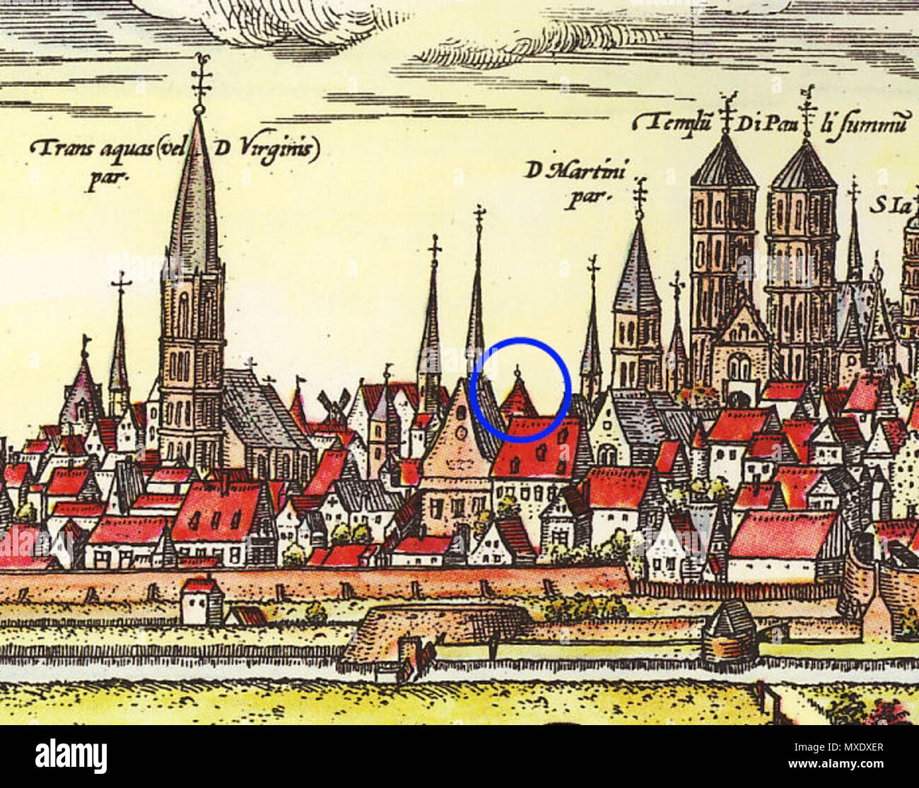 . Detail of the historic city view of Münster, Westphalia, Germany, with markings of the 'Zwinger' . between 1572 and 1618. Georg Braun & Franz Hogenberg 432 Muenster Braun-Hogenberg Zwinger Stock Photo