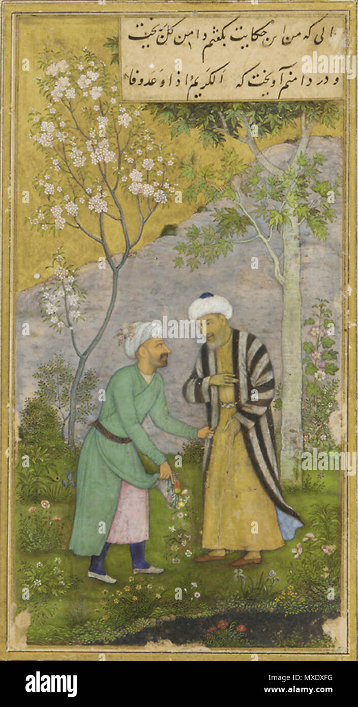 . English: Sa'di in a Rose Garden, Mughal Dynasty, from the reign of Shah Jahan, early 16th century, repainted 1645 AD, housed in the Freer Gallery of Art, Smithsonian, Washington D.C. 25 April 2007. Cordanrad 432 Mughal Dynasty, Sa'di in a Rose Garden, Reign of Emperor Shah Jahan, early 16th century, repainted 1645 Stock Photo