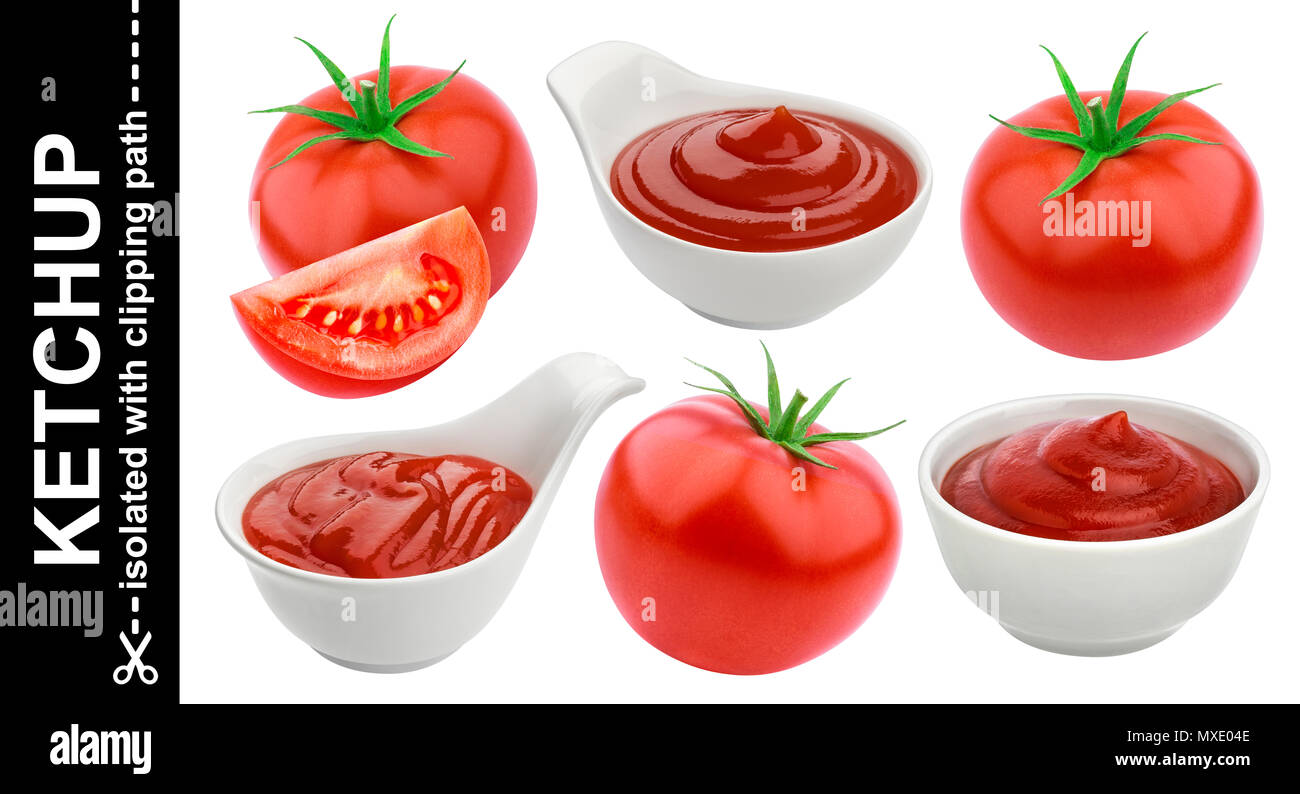 Ketchup in bowl and fresh tomatoes isolated isolated on white background Stock Photo